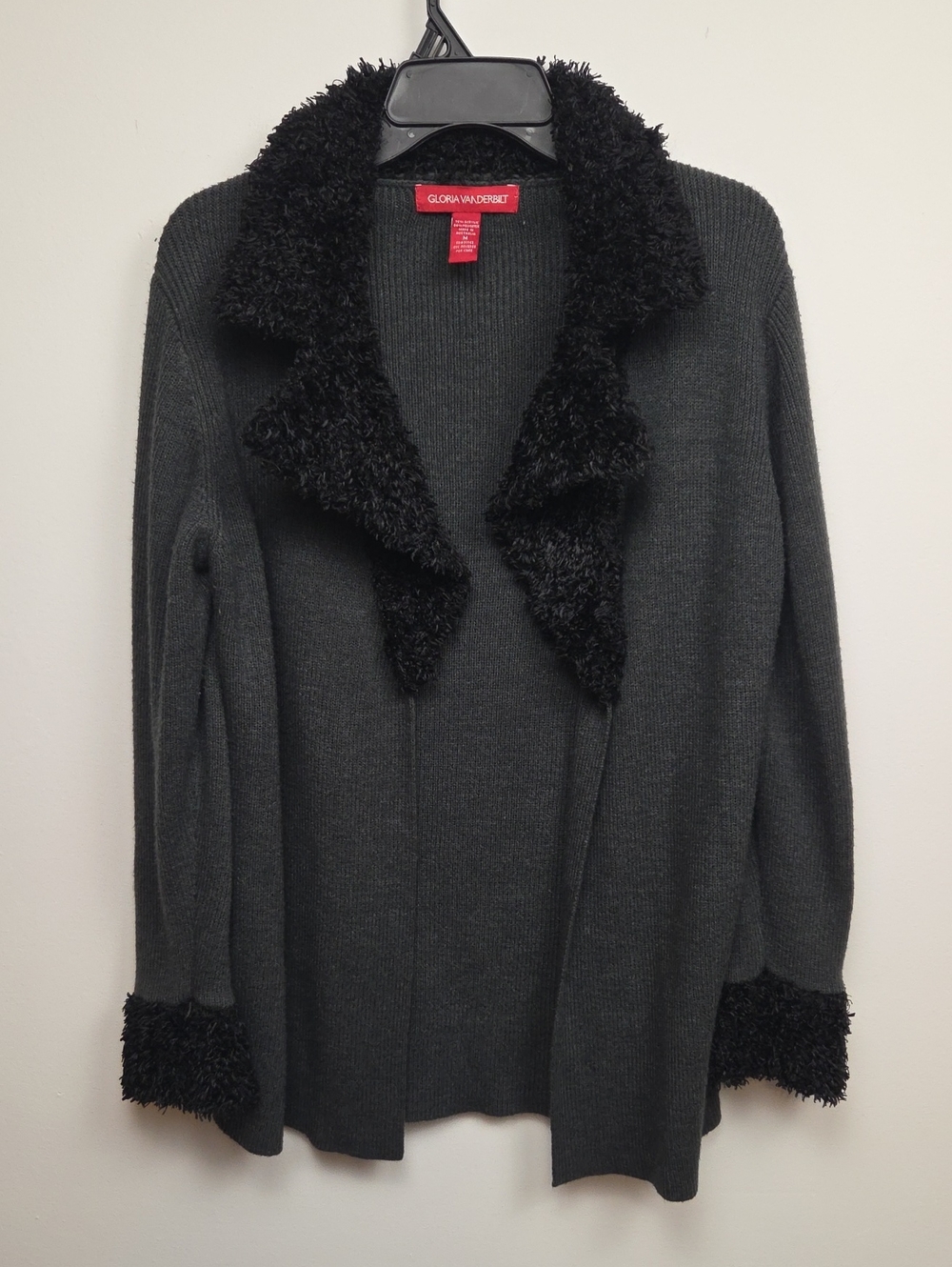 Y2K 90s Dark Gray & Black Penny Lane Sweater Cardigan Faux-Fur Trim Warm Cozy M